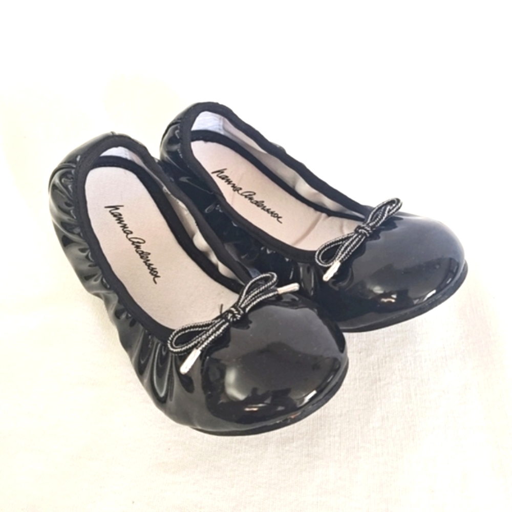 Hanna Andersson Julia Ballet Flats Black Patent‎ Vegan Leather Slip On Bow 11.5